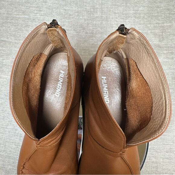 Rare HUMAND Ankle Boot Back Zip Rounded Block Heel Tan Brown Leather Woman 7.5 - Picture 12 of 13
